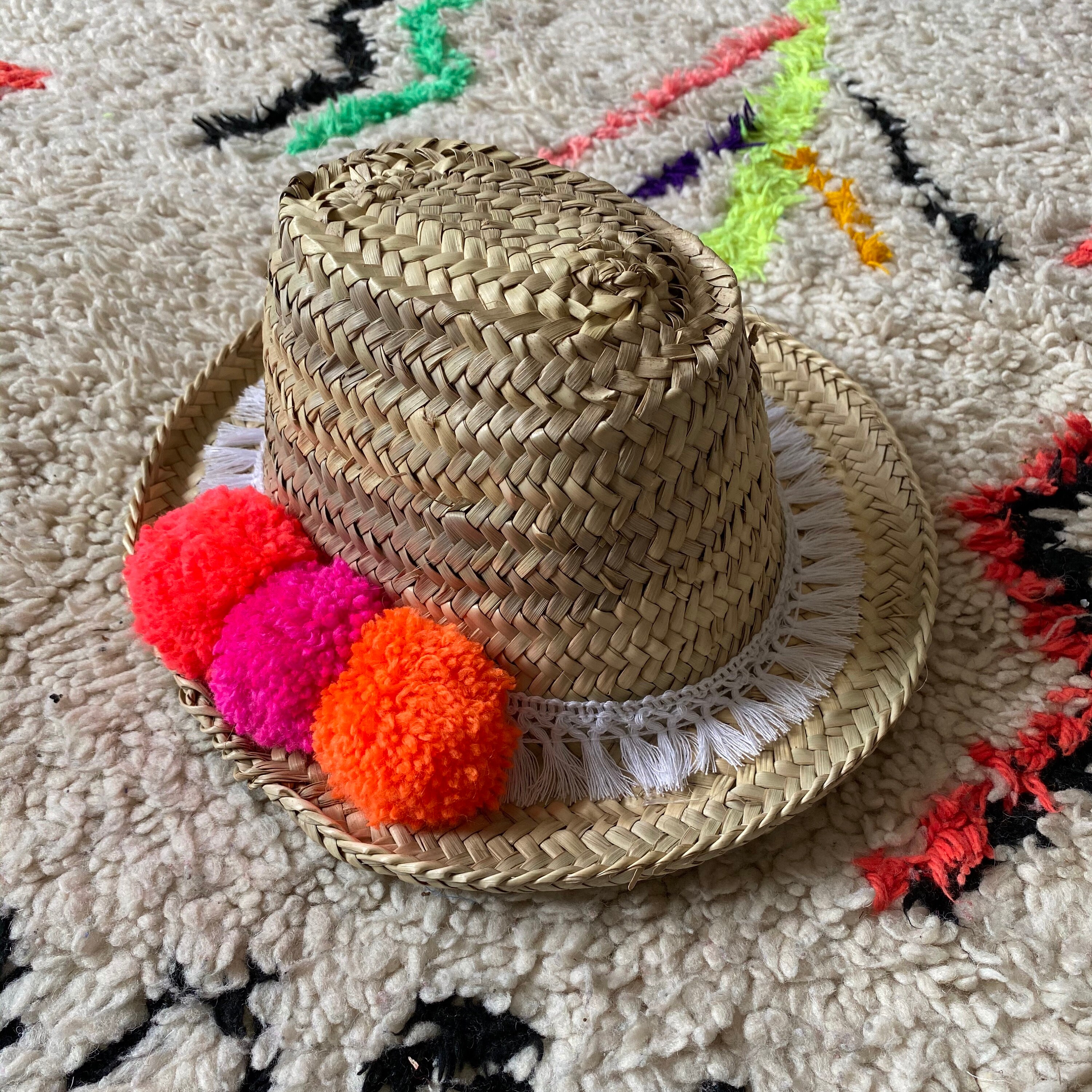 Moroccan Straw Sun Hat Pom Poms 
