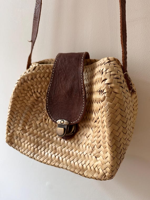 Moroccan basket bag with long leather straps