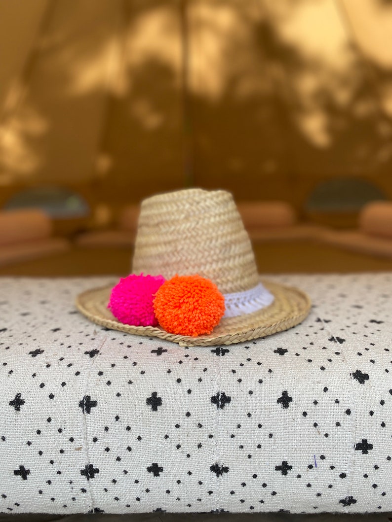 Adult Moroccan straw sun hat pom poms Etsy