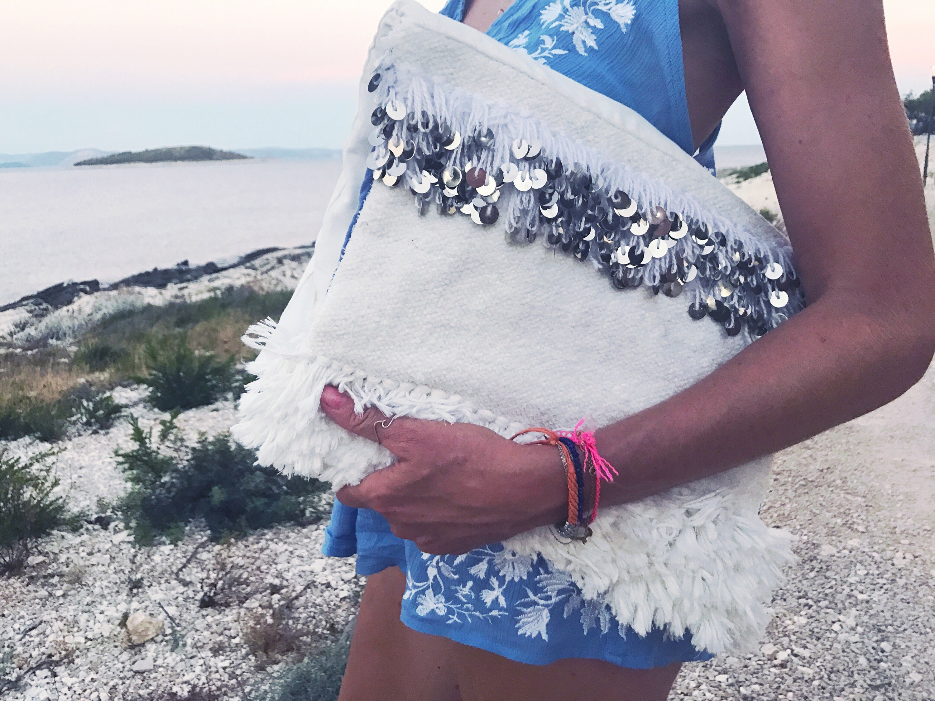 White Handira Moroccan Wedding Blanket Large Foldover Clutch Bag