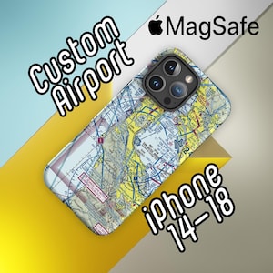 May include: A smartphone case featuring a detailed aeronautical sectional chart print with yellow, blue, and white terrain and navigation markings. The case includes a circular camera cutout and is compatible with Apple MagSafe technology.