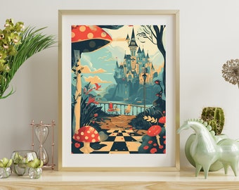 Alice in Wonderland Vintage Travel Art Print, Fairytale Home Decor, Kids Wall Art, Whimsical Classic Books Gift