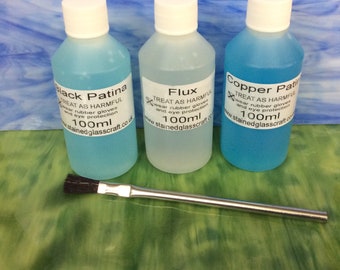 Stained Glass Tools Supplies Flux Water Based , Copper Patina, Black Patina  100 Ml Bottles. Comes With Brush 