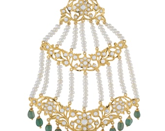 Alyza Pearls Natural Pearls Jhumar With Polki Stones And Green Awaize