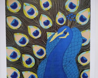 Colourful art, digital square print, bird print, peacock, green and blue