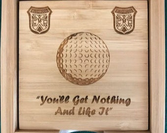 4" x 4" Bamboo Square 4-Coaster Set with Holder with Bushwood Country Club logos, golf ball and You'll Get Nothing and Like It saying