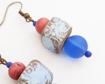 Blue Bohemain cube earrings - zen boho chic style jewelry
