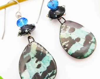 Blue Black Butterfly wings earrings - artisan pendant - lampwork beads - titanium ear wires