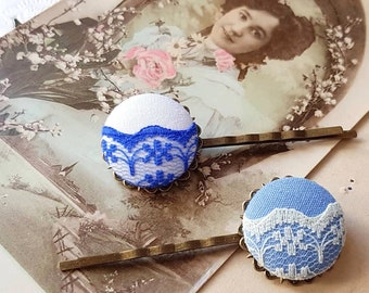 2 hair clip with lace - Purple Pink or Blue - Girl fabric bobby pins, Round hair accessory for girls, flower girl bobbypin