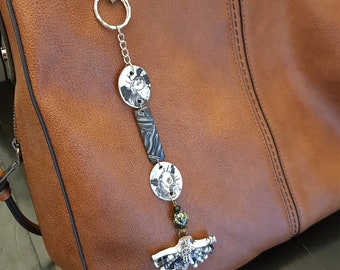 Grey heart keychain, jewelry bag, Raku key chain, ceramic woman accessory, bag decoration embellishment ornament, women gift, love