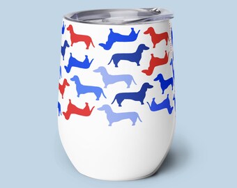 Dachshund Fun Patriotic Wine Tumbler - Fun in the Sun Wine Glass - Patriotic Wine Tumbler for Doxie Lover - Wiener Dog Drinks Glass