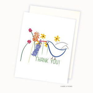May include: A white bird with a blue tail and orange beak is perched on a branch with purple, orange, and yellow flowers. The text "THANK YOU!" is written below the bird.