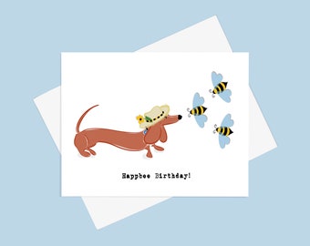 Happy Bee Birthday Card - Dachshund Birthday Card - Farmer Dog Birthday Card - Bee Birthday Card - Bee Lovers Card - Dachshund Drawing