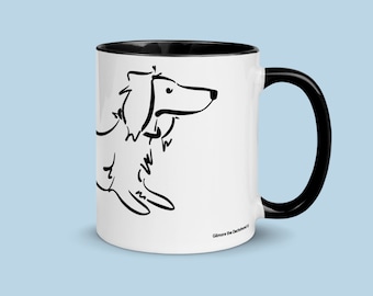 Mug Teckel poil long - Mug Doxie noir et blanc - Mug chien saucisse fumée poil long - Mug teckel - Mug pour amateur de saucisses