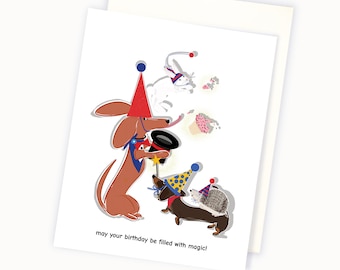 Magic Rabbit Birthday Card - Dachshund Birthday Card -  Hedgehog Birthday Card - Kids Birthday Card - Dachshund Drawing