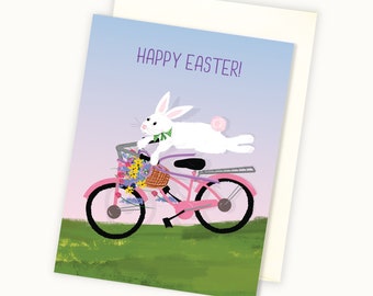 Easter Bunny Card- Cute Easter Card - Bunny on Bicycle Easter Card - Easter Card - Easter Card for Bicycle Lover