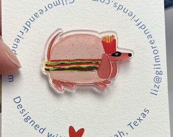 Funny Halloween Hamburger and Fries Pin - Dog Halloween Pin - Acrylic Dachshund Pin - Novelty Pin - French Fries and Hamburger Pin