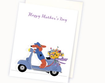 Cute Sausage Dog Card - Dog Mother's Day Card - Dachshund Mother's Day Card - Mother's Day Card - Mother's Day Card on a Scooter l