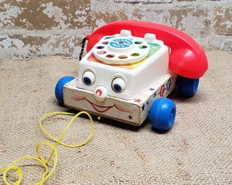 Fisher Price Telephone, 1961 Model 747 Telephone, Nursery Decor Toy, Vintage Pull Phone, Phone Toy, Learning Toy