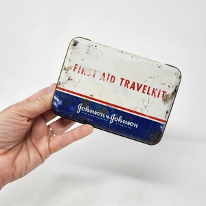 First Aid travel kit, Johnson Johnson, first aid tin, 1960s travel tin, collectible medical, travel first aid kit, johnson johnson kit