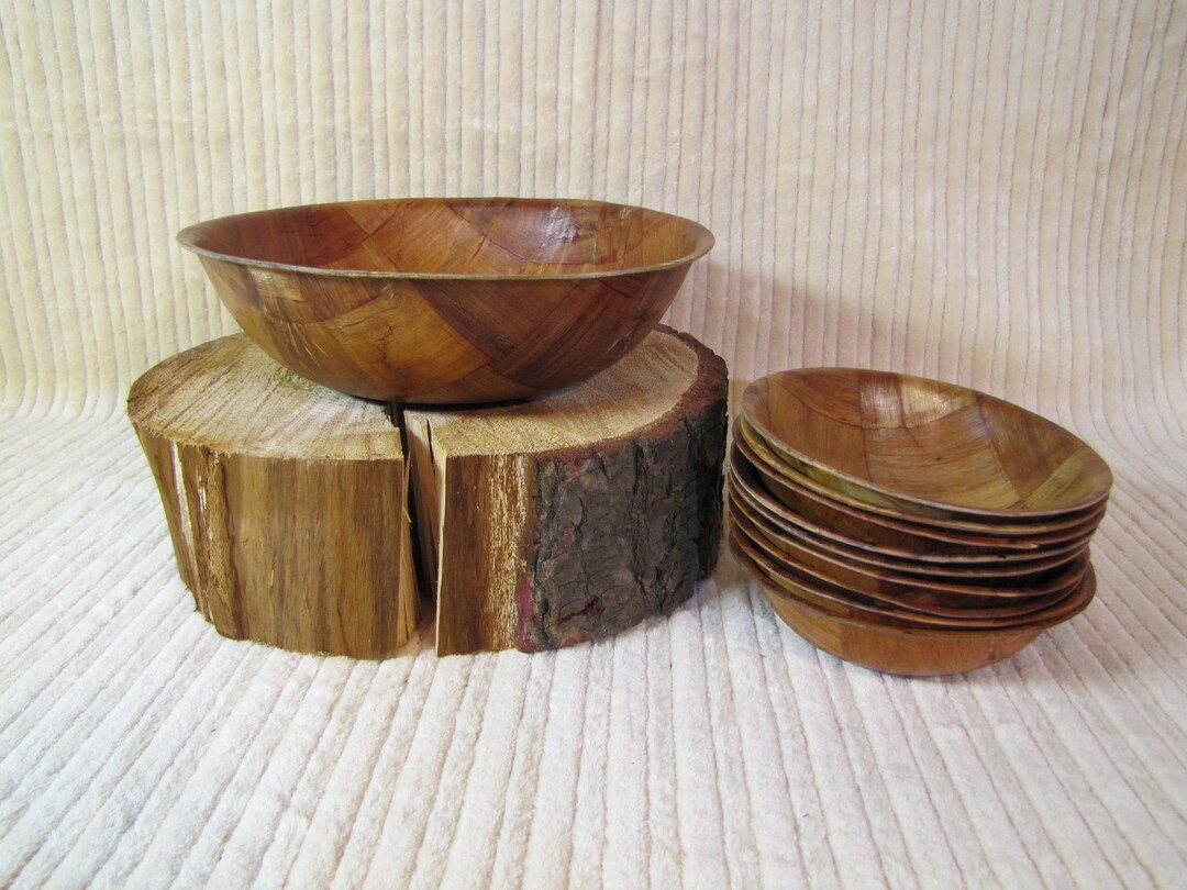 Wooden Checkers Salad Bowls Set, Mid Century Serving Bowls, Salad Bowls