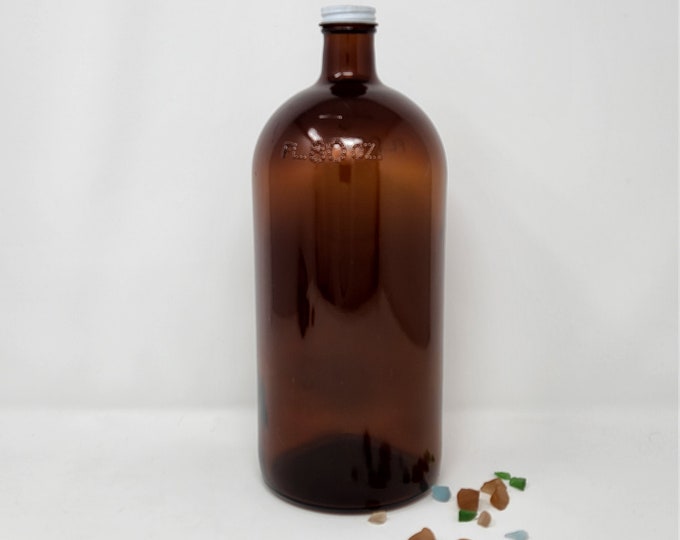 Large Amber Glass Bottle, Vintage Bottle, Apothecary Bottle