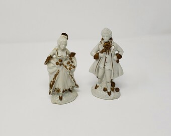 Porcelain Colonial Figurine Man & Woman, White and Gold Porcelain Figurines, Made in Occupied Japan, Collectible Figurines