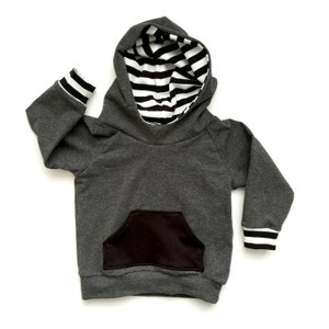 Baby Hoodie, Toddler Hoodie Grey with Black & Stripe accents, Baby sweatshirt, baby boy hoodie, baby girl hoodie, baby shower gift image 1