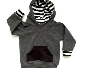 Baby Hoodie, Toddler Hoodie - Grey with Black & Stripe accents, Baby sweatshirt, baby boy hoodie, baby girl hoodie, baby shower gift