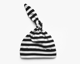 top knot baby hat black and white stripes, knotted beanie