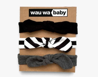 Baby Top Knot Headband - 3 Pack: Black, Stripes & Grey, baby headband, baby shower gift, headband