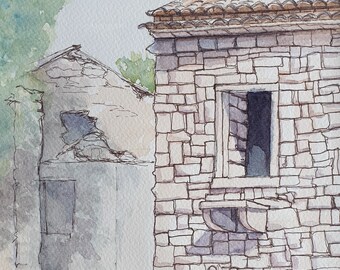 Original watercolour and Ink, Old Perithia, Corfu, ruined building