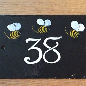 Three Bees, Hand Painted Slate House door Number image 1