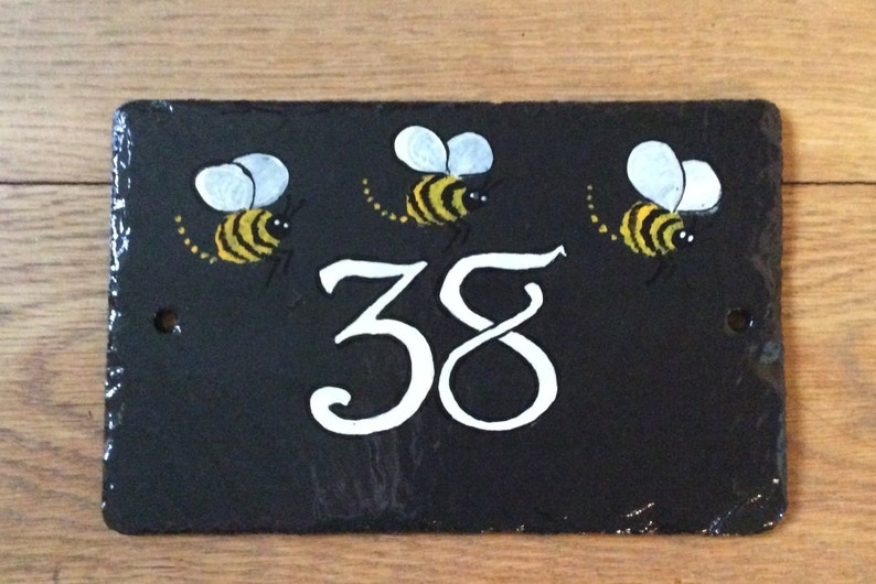 Three Bees, Hand Painted Slate House door Number image 1