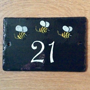 Three Bees, Hand Painted Slate House door Number image 3