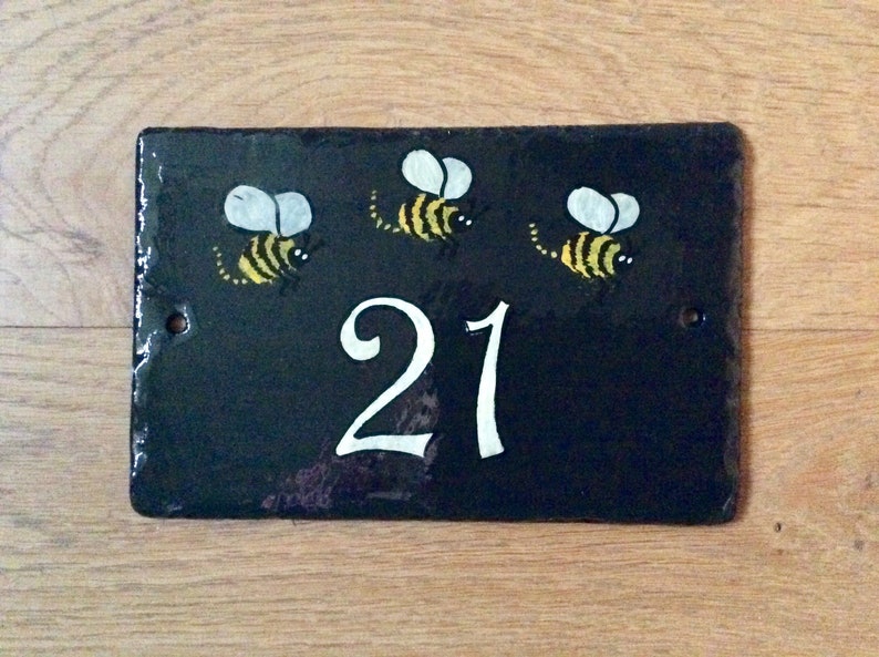 Three Bees, Hand Painted Slate House door Number image 3