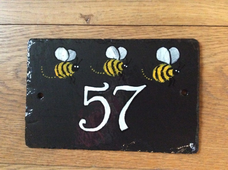 Three Bees, Hand Painted Slate House door Number image 2