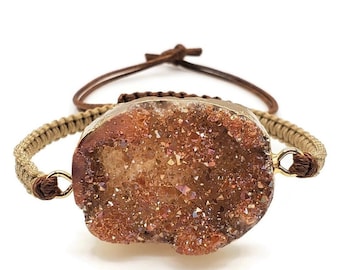 Orange Druzy Macrame Bracelet: Gold Electroplated Quartz Jewelry