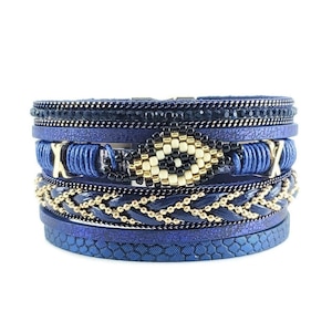 Layered Leather Bracelet / Leather Cuff Bracelet / Layered Bracelet / Blue Leather Bracelet /  Multi Layer Bracelet /  Bracelet Stack