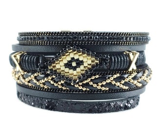 Leather Wrap Bracelet / Leather Cuff Bracelet / Layered Bracelet / Black Cuff Bracelet /  Multi Layer Bracelet /  Ready to Ship Gifts