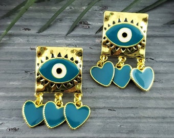 Evil Eye Heart Earrings / Blue Eye Earrings / Gold Evil Eye Earrings / Dangle Heart Earrings / Heart Earrings / Chandelier Earrings