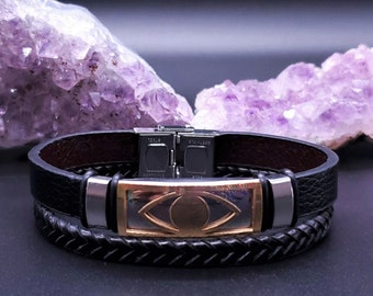 Men's Stainless Steel & Leather Evil Eye Bracelet / Mans Layered Bracelet Cuff / Men's Stainless-Steel Bracelet / Men's Evil Eye Bracelet