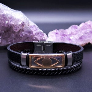 Men&#39;s Layered Leather Evil Eye Bracelet: Stainless Steel Cuff