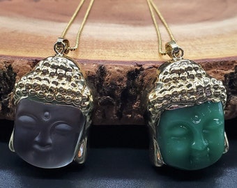 Carved Glass Buddha Head Necklace: Gold Plated Amulet