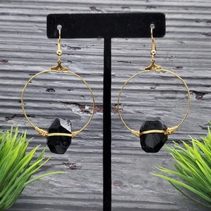 Black Tourmaline Hoop Earrings: Gold Plated Raw Stone Statement Earrings