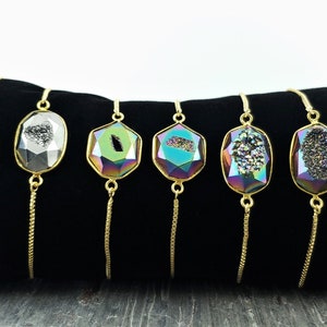 Druzy Bracelet / Adjustable Gold Bracelet / Dainty Druzy Bracelet / Rainbow Titanium Druzy Bracelet / Quartz Bracelet / Pyrite Bracelet