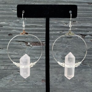 Rose Quartz Point Earrings / Hoop Earrings / Silver Earrings / Rose Quartz Earrings / Statement Earrings / Silver Hoops