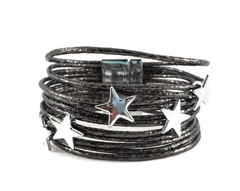 Star Bracelet / Leather Multi Strand Bracelet / Leather Cuff / Layered Bracelet / Bracelet / Multi Layer Bracelet / Gunmetal Wrap Bracelet