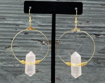 Natural Rose Quartz Point Earrings / Hoop Earrings / Gold Rose Quartz Earrings / Statement Earrings / Raw Stone Earrings /Gold Hoop Earrings