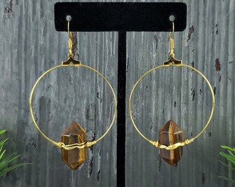 Gold Tiger Eye Earrings / Hoop Earrings / Tiger Eye Earrings / Gold Earrings / Statement Earrings / Raw Stone Earrings / Gold Hoop Earrings